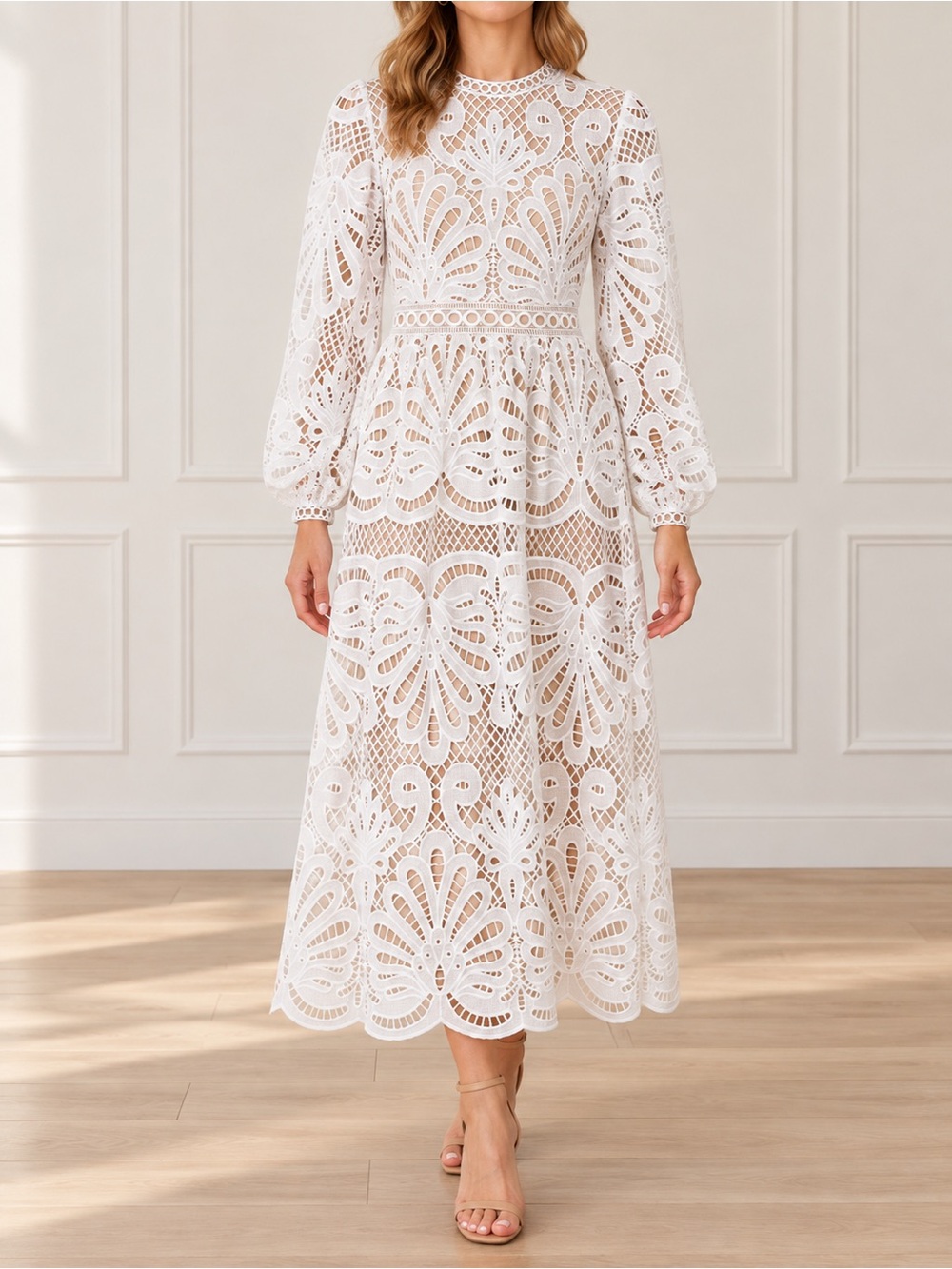 NWT Baltic Born Eldora Lace Midi Dress M Off White Long Sleeve Bridal Wedding
